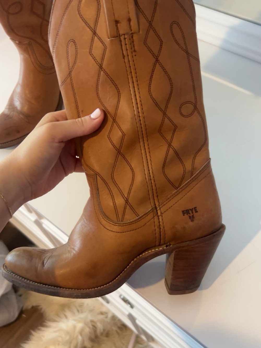 Frye Tan Leather Western Heeled Boots with Stitch Detail